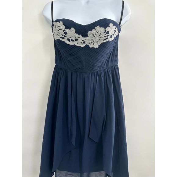 Minuet Navy Women Embellished Sweetheart Fit and Flare‎ Chiffon Mini Dress Small - Picture 5 of 9